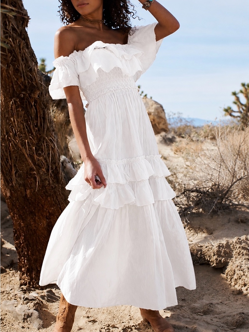 HAPPY x NATURE Savannah Off-The-Shoulder Cotton Gauze Cottagecore Maxi Dress